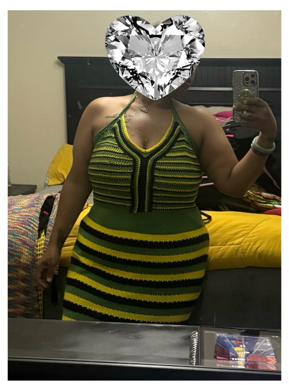 Ashley Stewart Green, Yellow & Black Crochet Halter Top